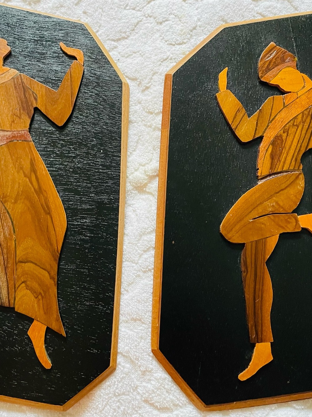 Judaica-1950’s-Israel folk art-2 olive wood inlay plaques-Hora dancers-Branded
